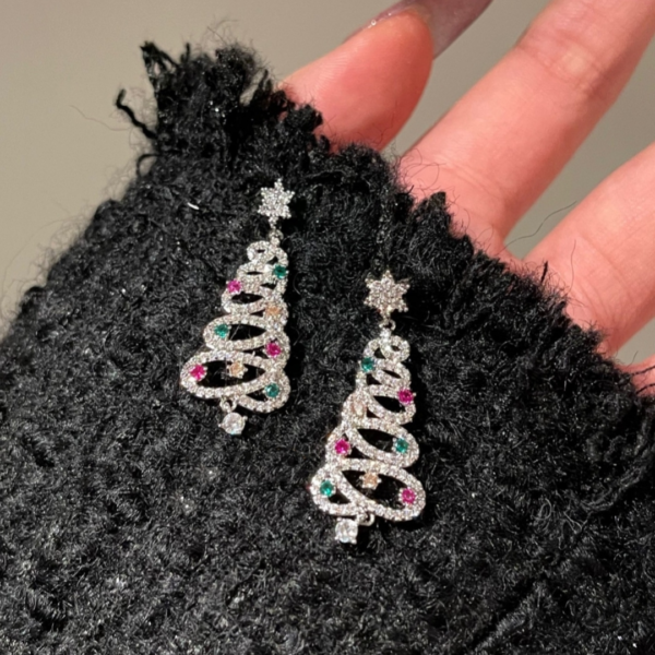 New Full Inlaid Colorful Zircon Christmas Tree Tassel Earrings