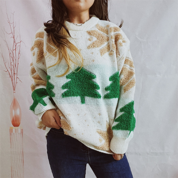 Women's Fashion Christmas Tree Jacquard Round Neck Long Sleeve Sweater